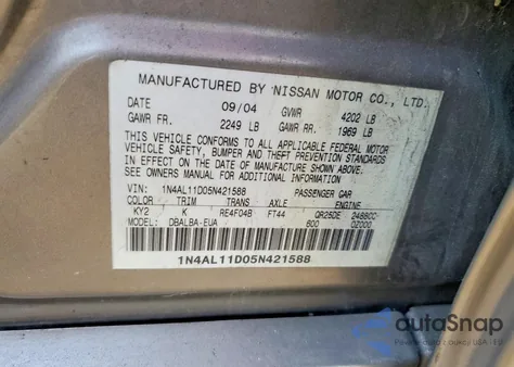 2005 Nissan Altima S from USA, damaged, VIN 1N4AL11D05N421588